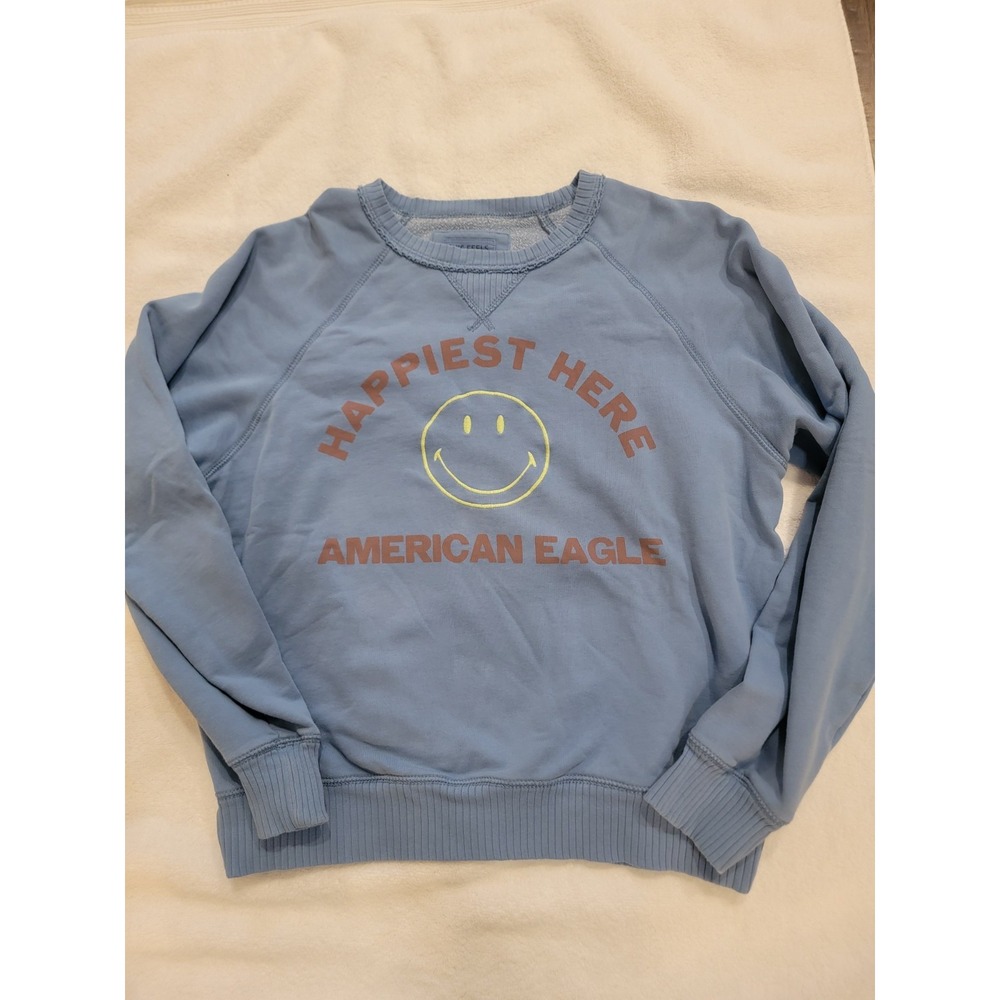 American Eagle Blue Smiley Sweatshirt Crew Women's Small Pullover Y2K Boxy Urban